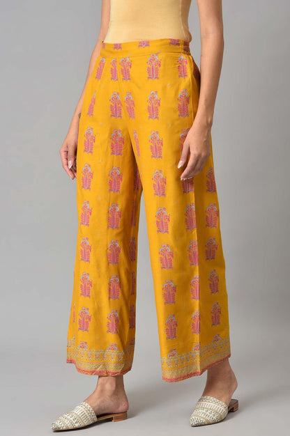 Mustard Rayon Printed Parallel Pants - wforwoman