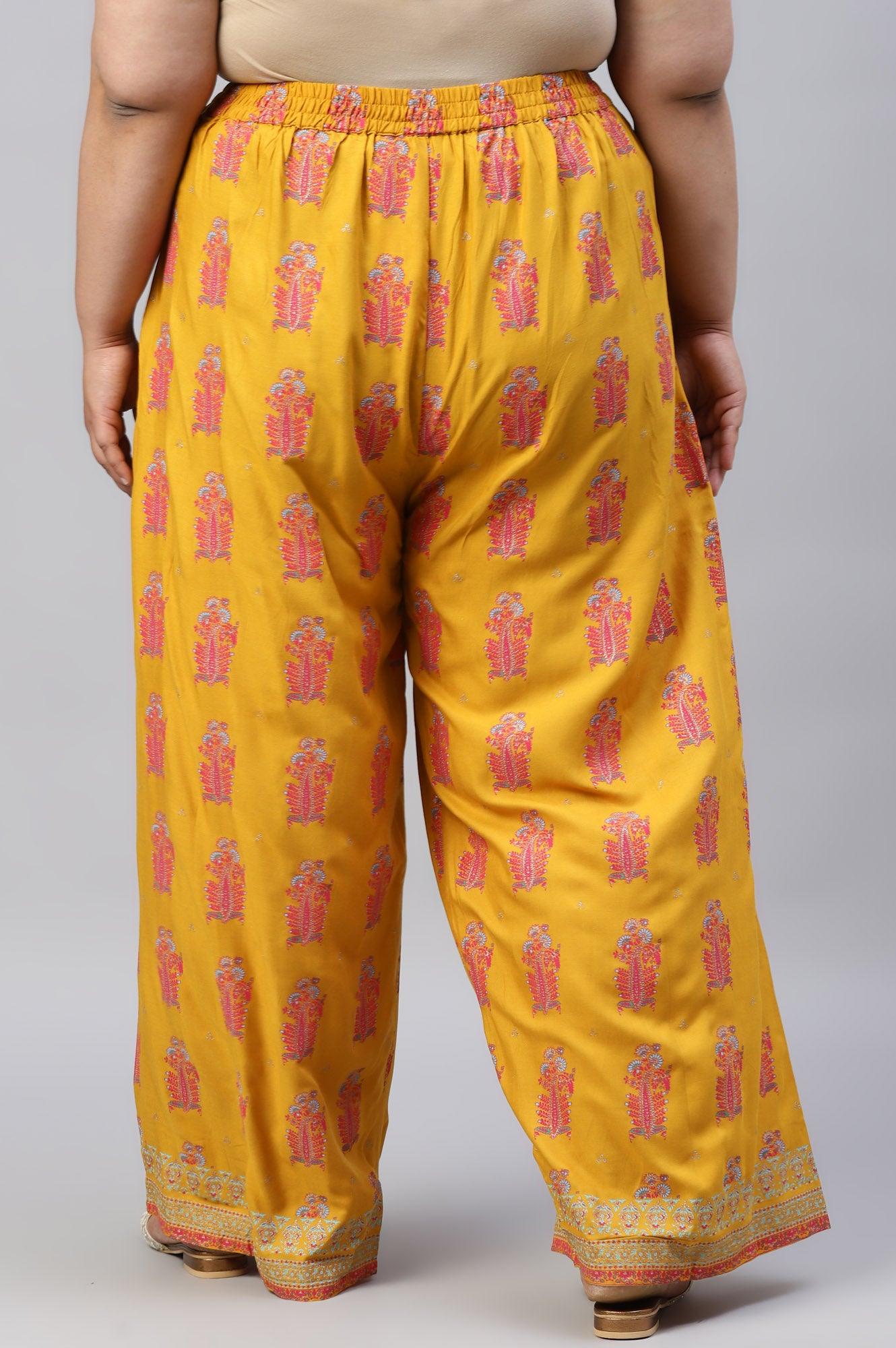Plus Size Mustard Rayon Printed Parallel Pants - wforwoman