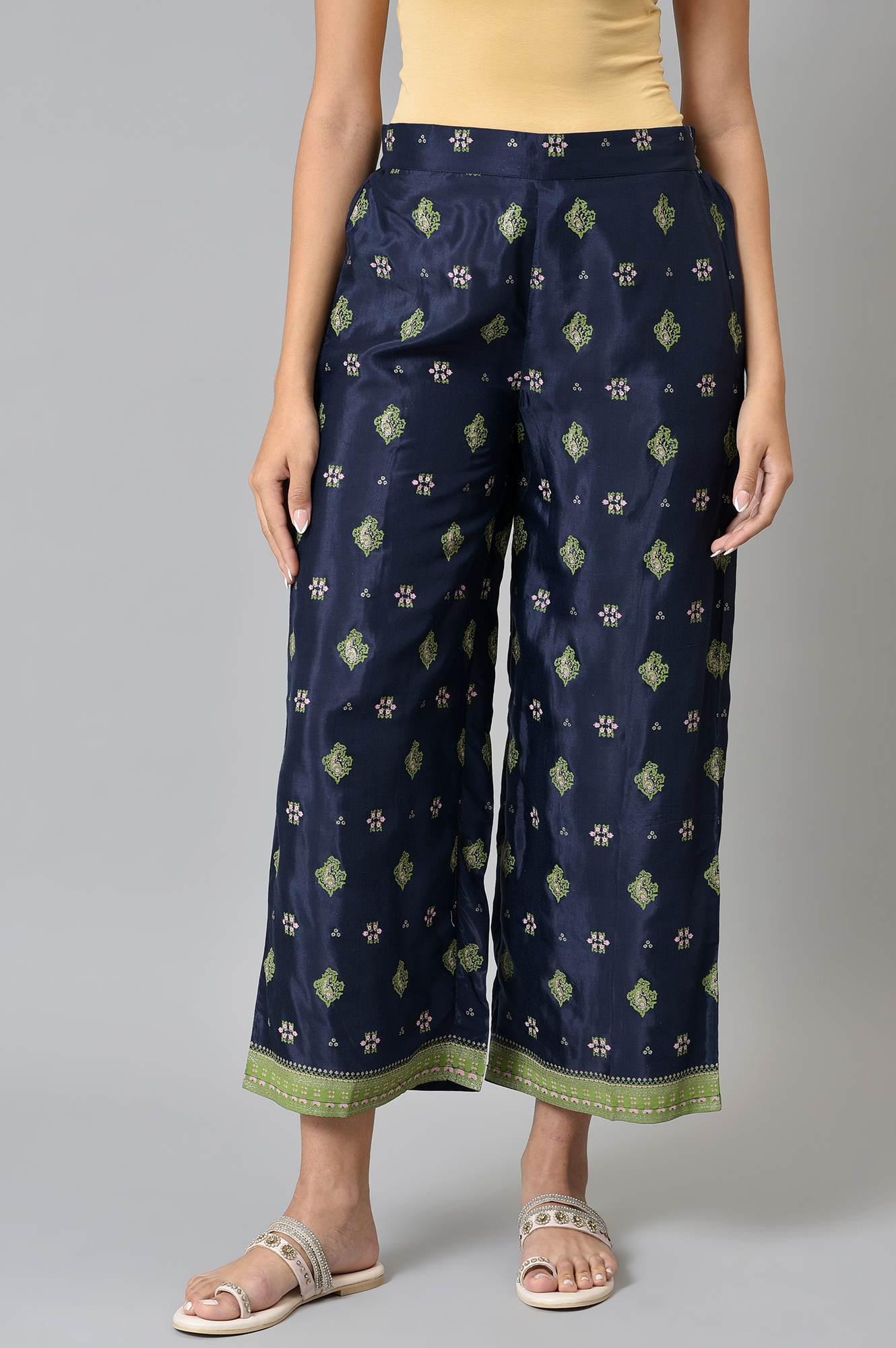 Blue Printed Shantung Plus Size Parallel Pants - wforwoman