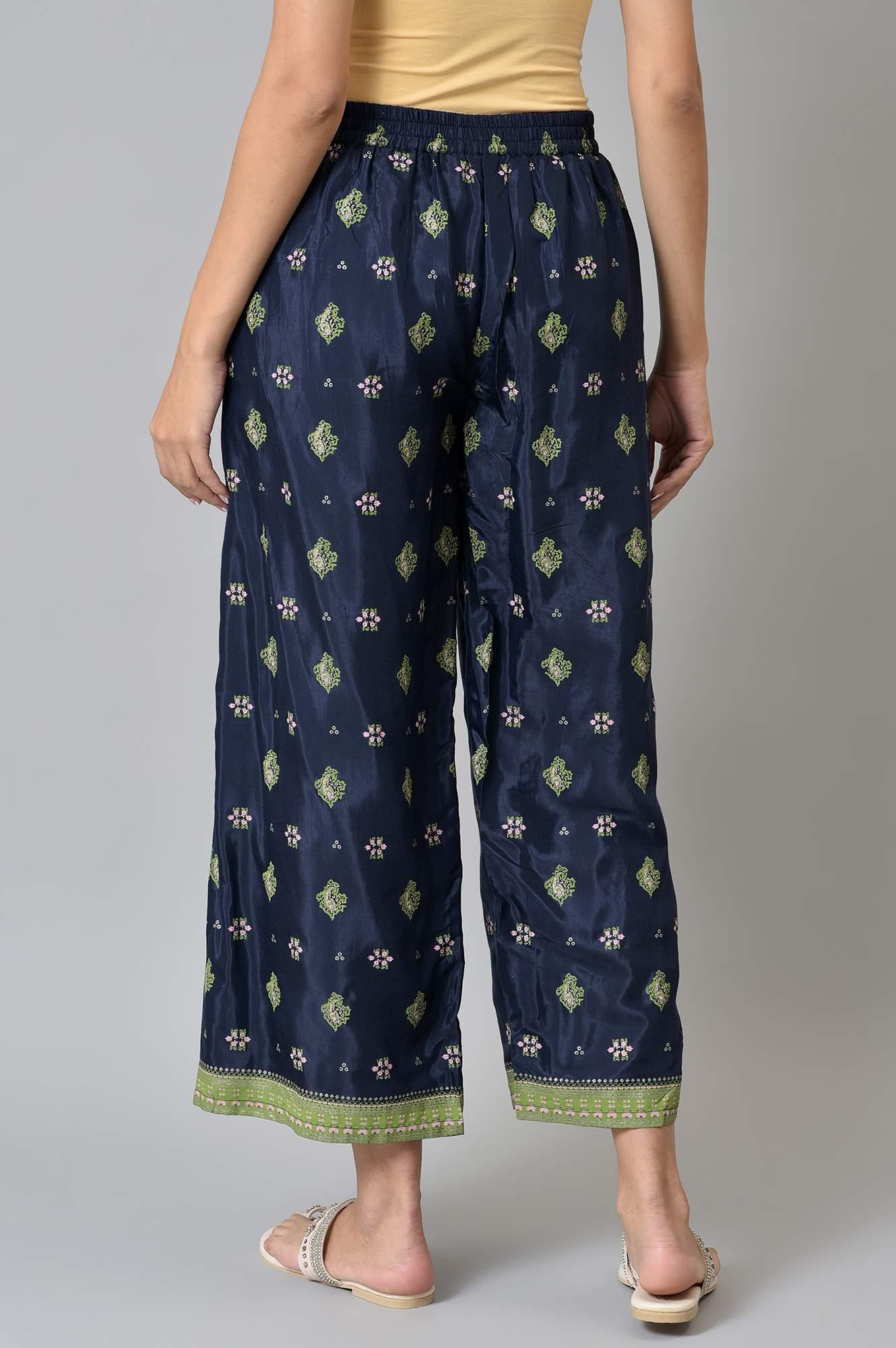 Blue Printed Shantung Plus Size Parallel Pants - wforwoman