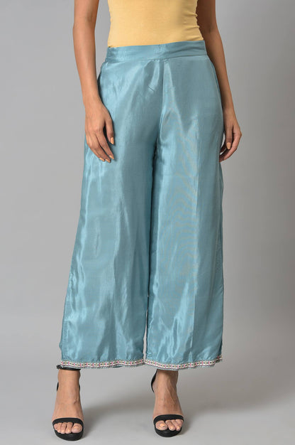 Aqua Blue Shantung Straight Parallel Pants