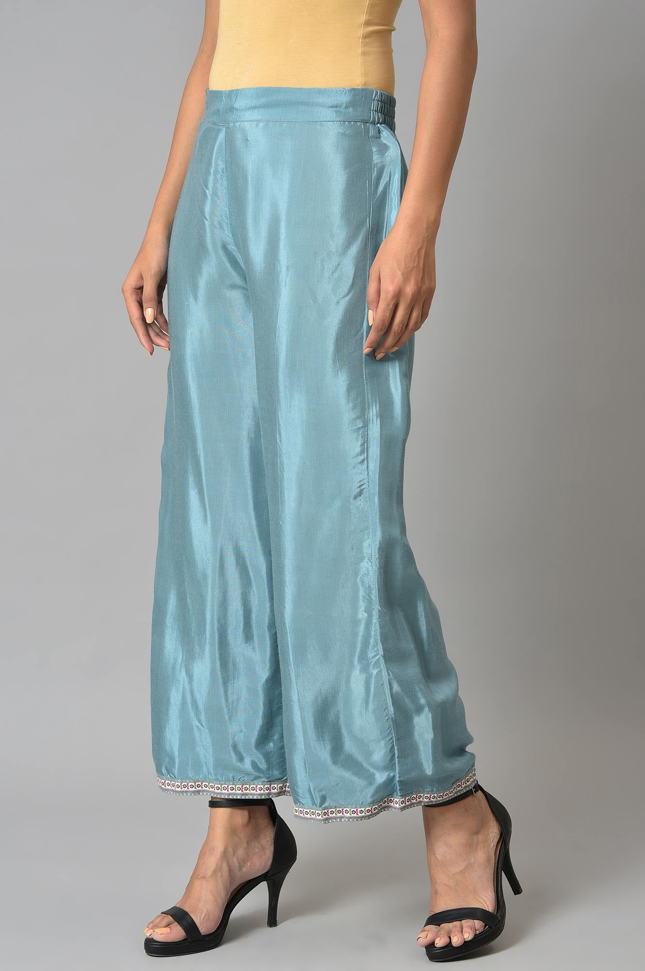 Aqua Blue Shantung Straight Parallel Pants