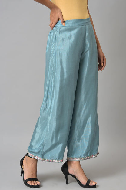 Aqua Blue Shantung Straight Parallel Pants