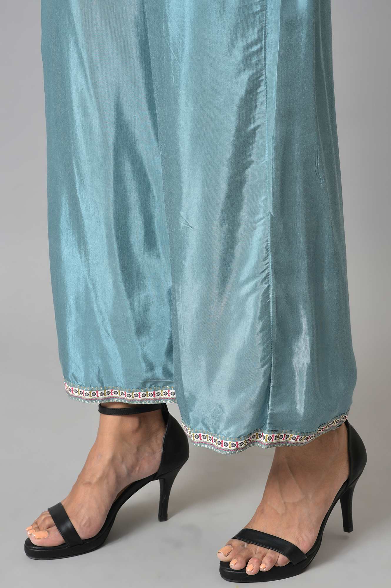 Aqua Blue Shantung Straight Parallel Pants