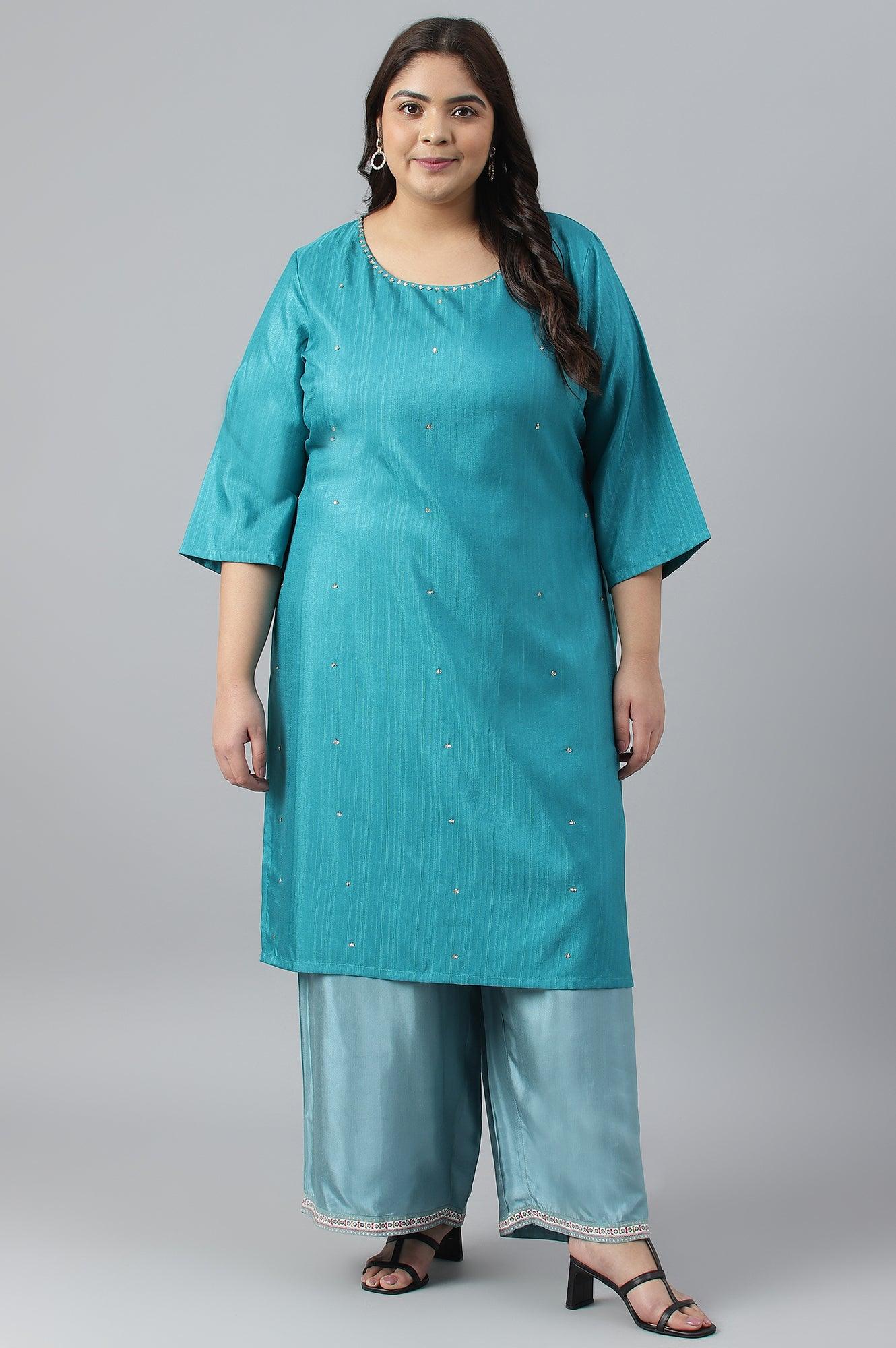 Buy Plus Size Aqua Blue Shantung Straight Parallel Pants 1499