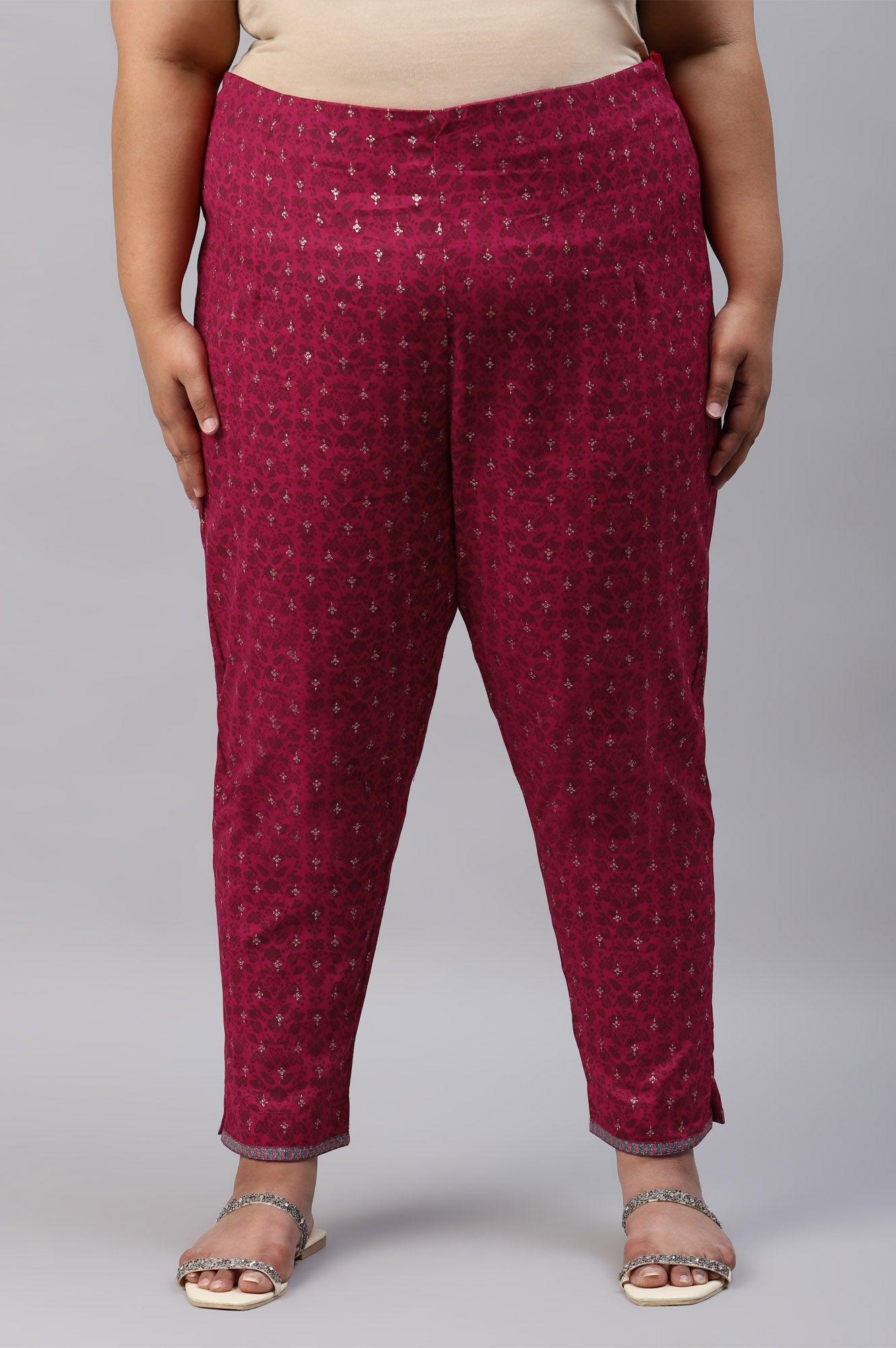 Plus Size Fuchsia Pink Floral Printed Slim Pants - wforwoman