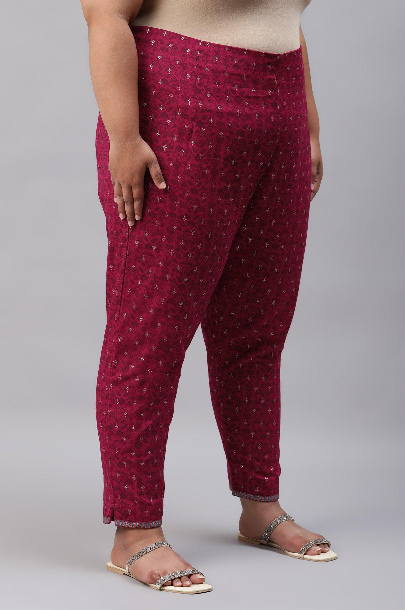 Plus Size Fuchsia Pink Floral Printed Slim Pants - wforwoman