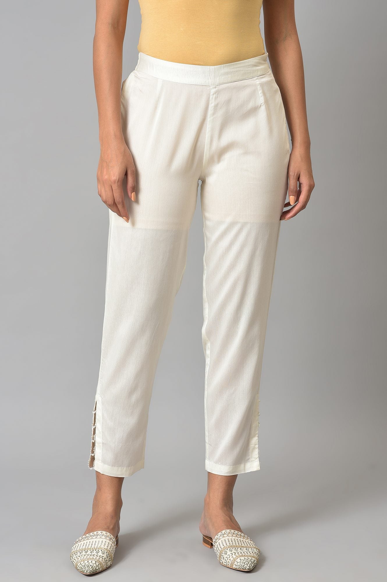 &quot;White Solid Light Festive Straight Slim Pants &quot;