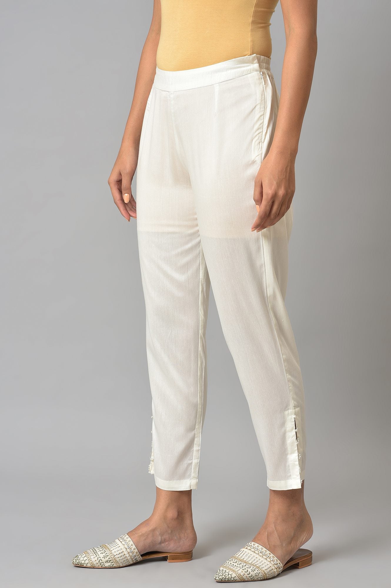 &quot;White Solid Light Festive Straight Slim Pants &quot;