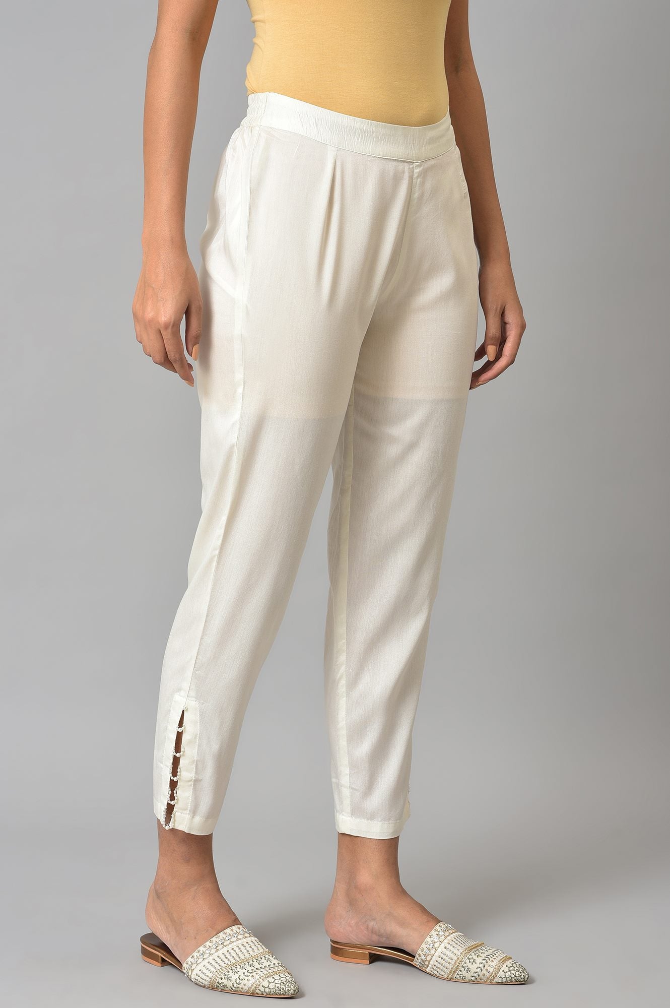 &quot;White Solid Light Festive Straight Slim Pants &quot;