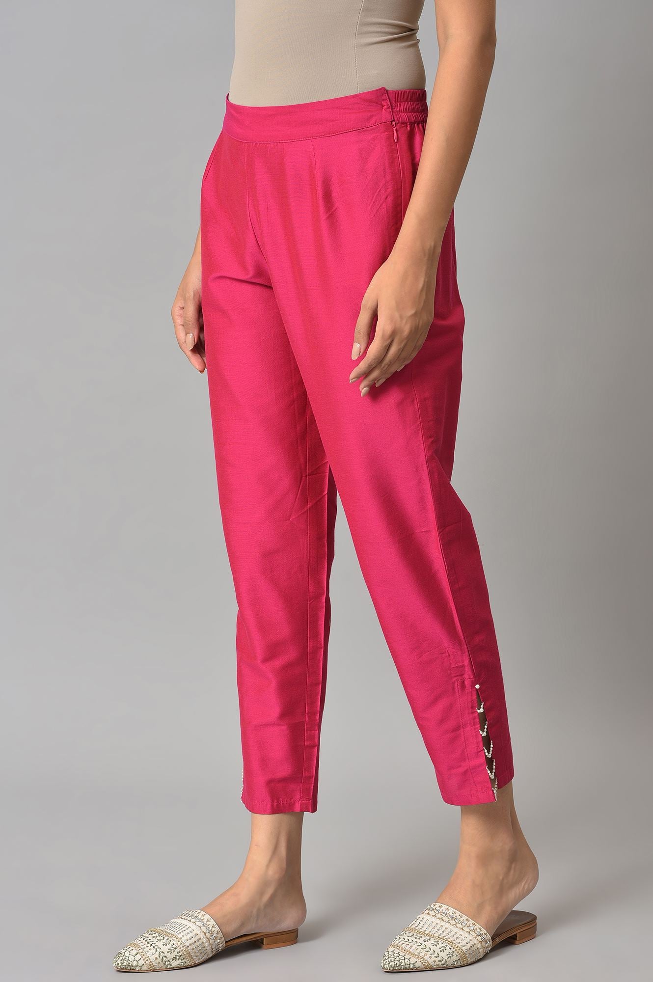 Dark Pink Solid Light Festive Slim Pants