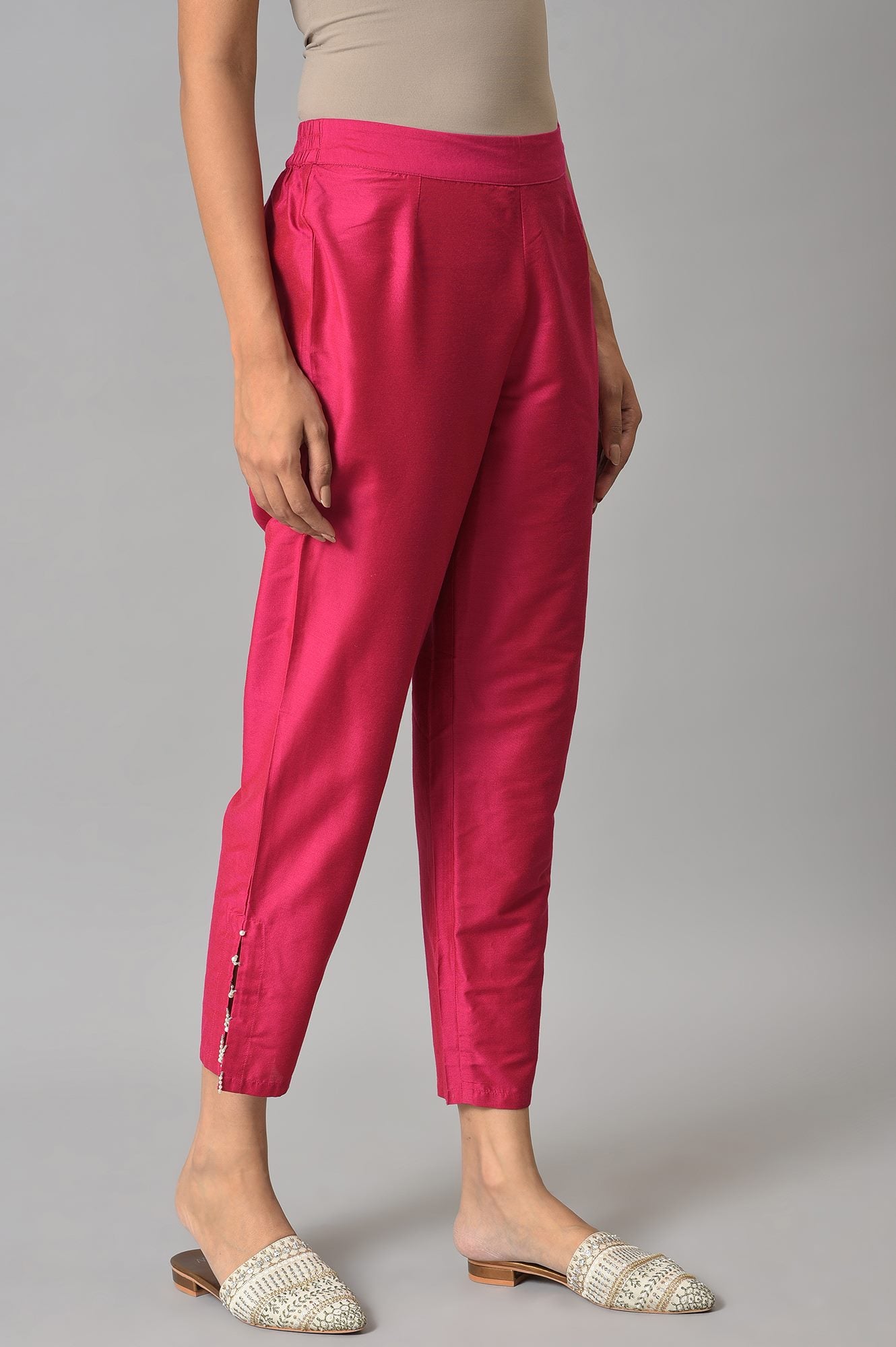 Dark Pink Solid Light Festive Slim Pants