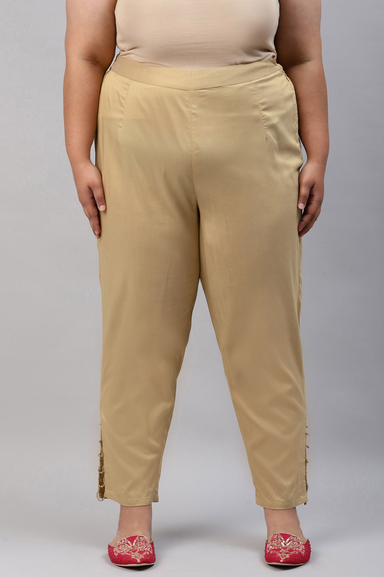 Gold Solid Light Festive Plus Size Slim Pants