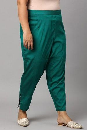 Dark Green Solid Light Festive Plus Size Slim Pants - wforwoman