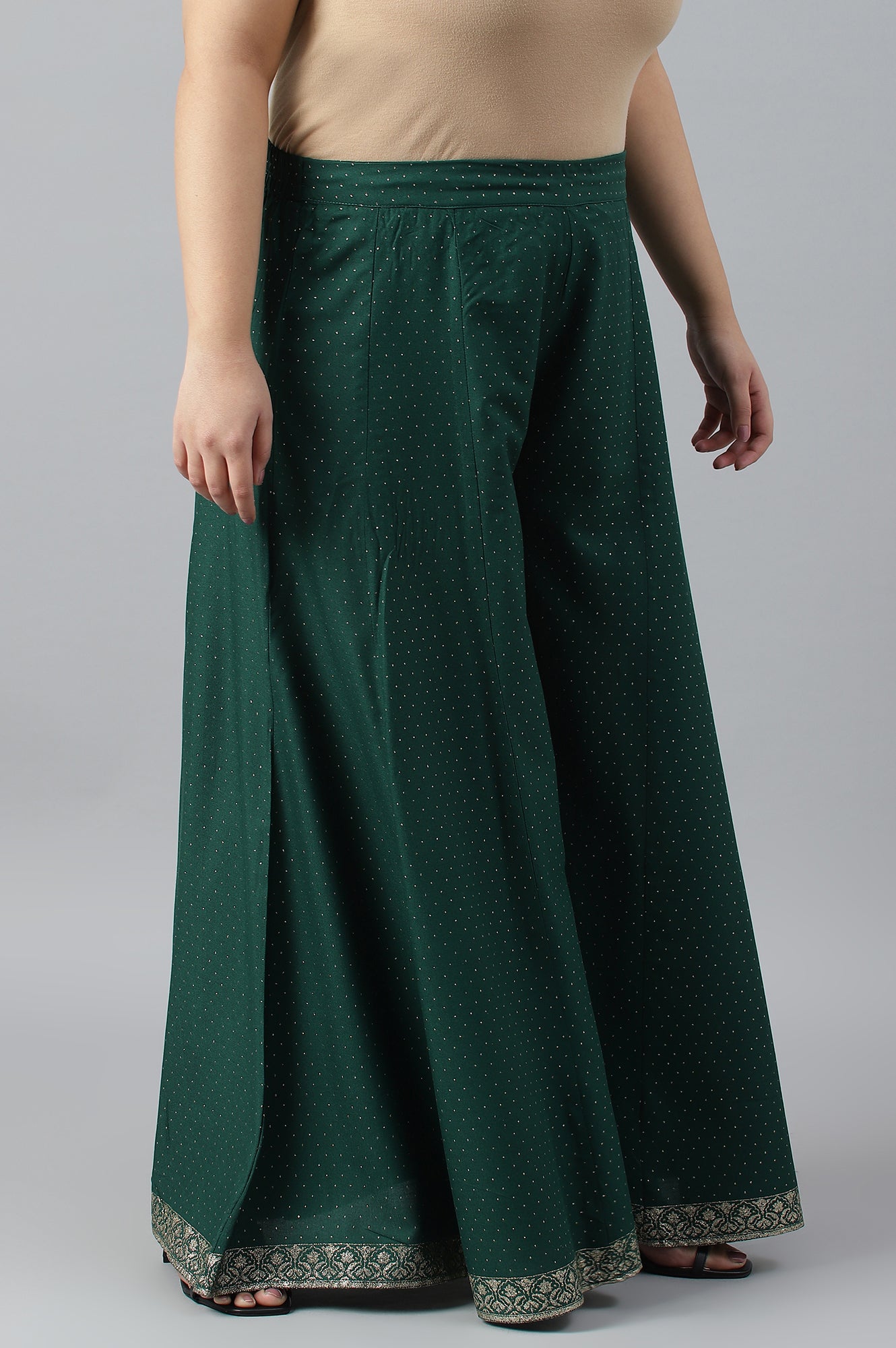 Leaf Green Glitter Printed Plus Size Culottes