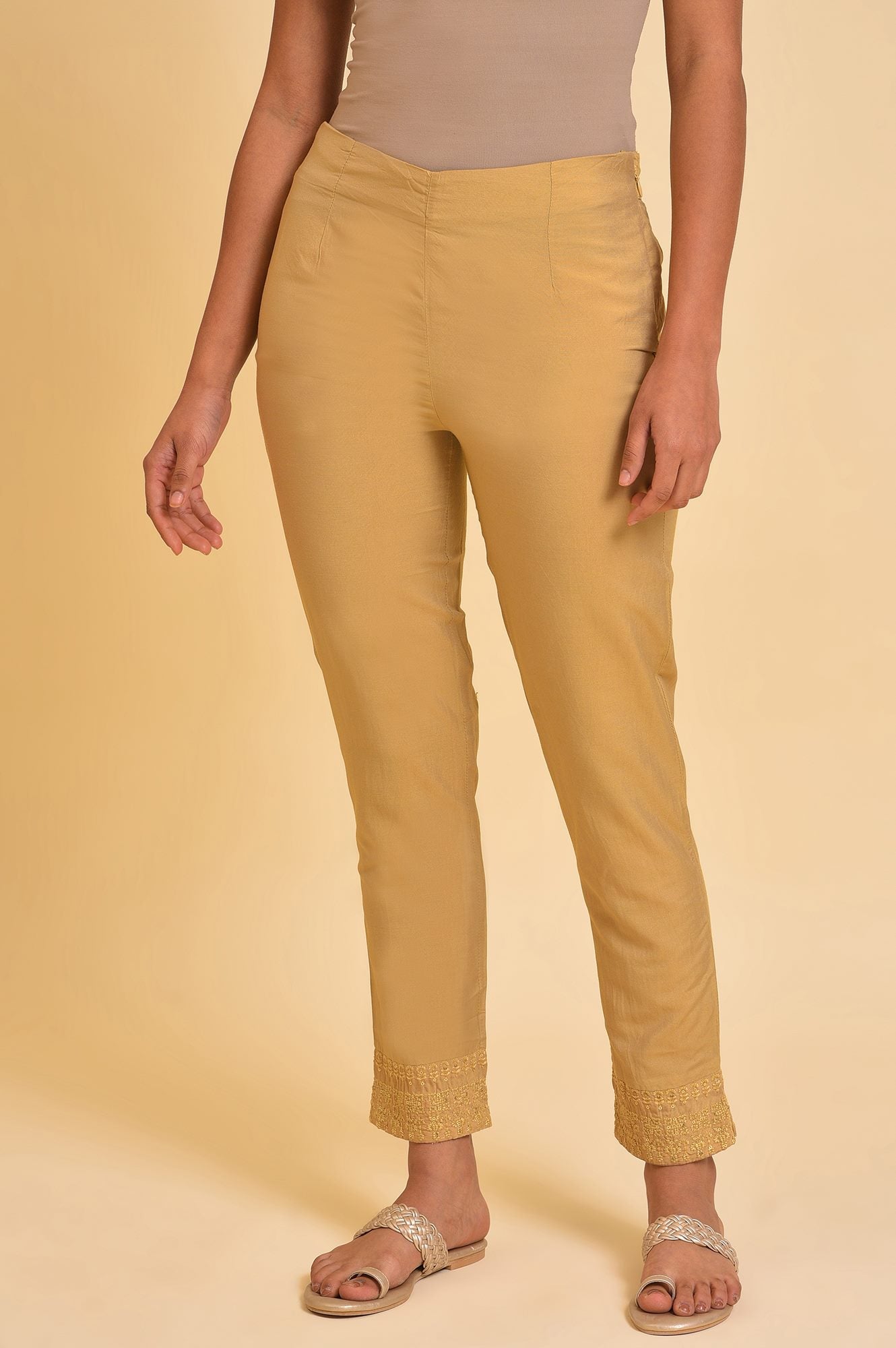 Gold Solid Light Festive Slim Pants