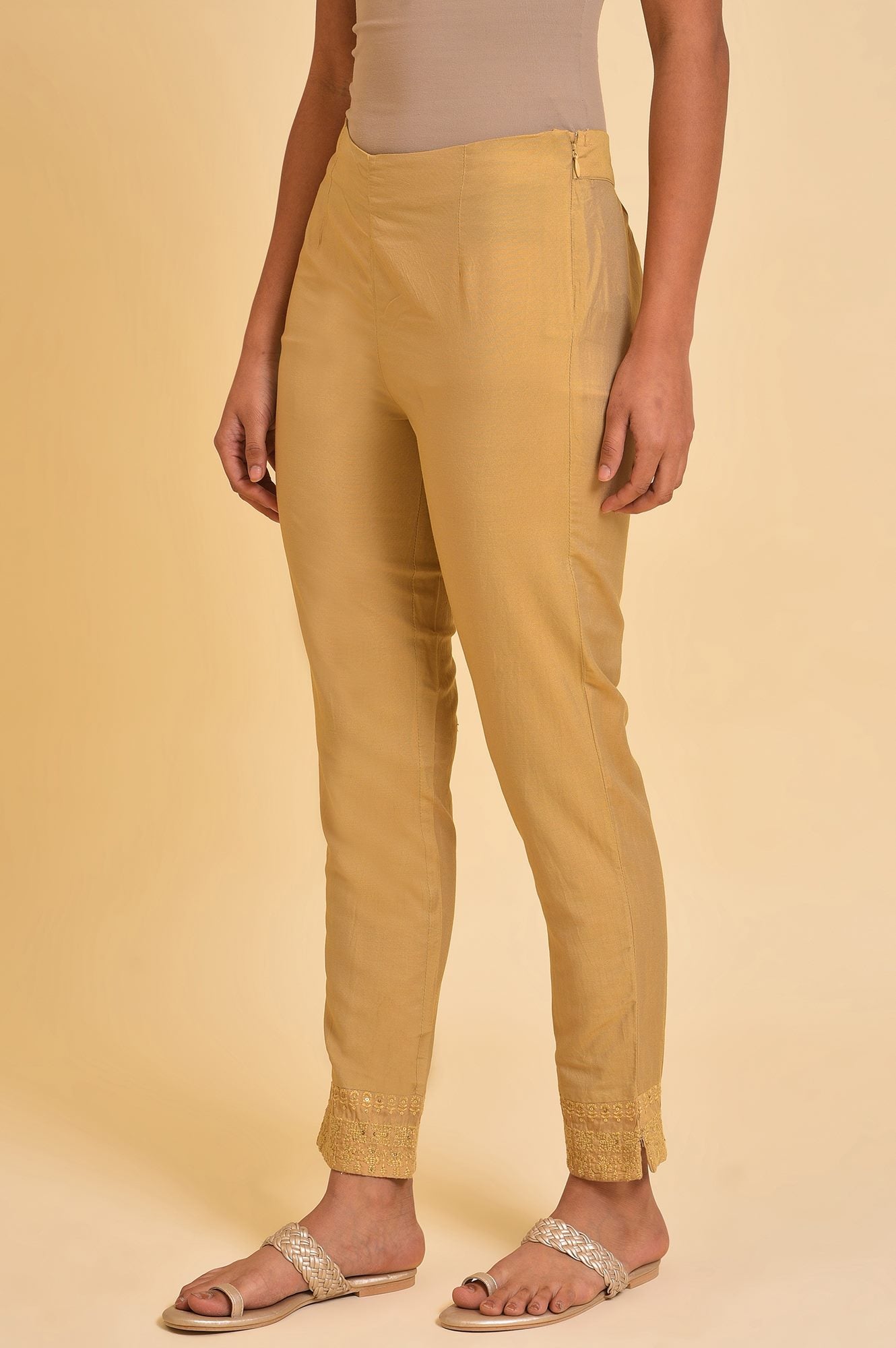 Gold Solid Light Festive Plus Size Slim Pants