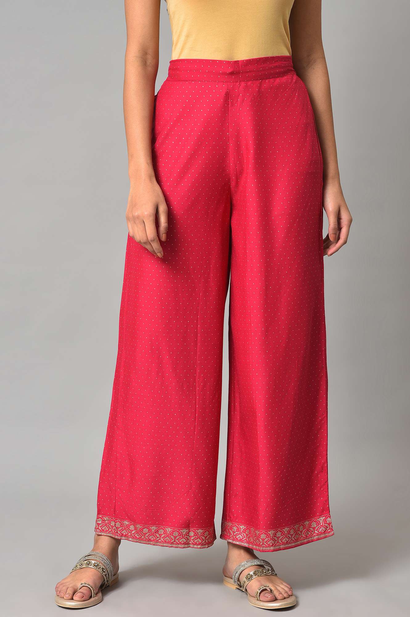 Dark Pink Glitter Print Parallel Pants With Border
