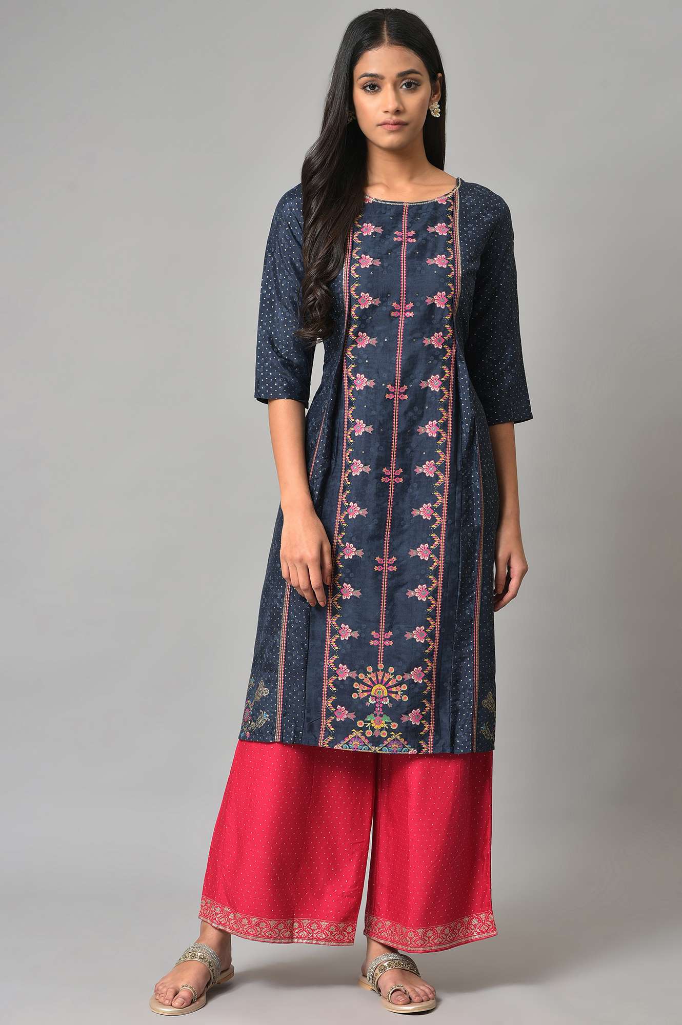 Buy Dark Pink Glitter Print Parallel Pants With Border