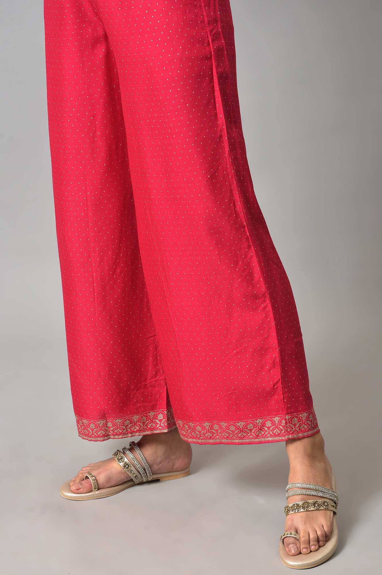 Dark Pink Glitter Print Parallel Pants With Border