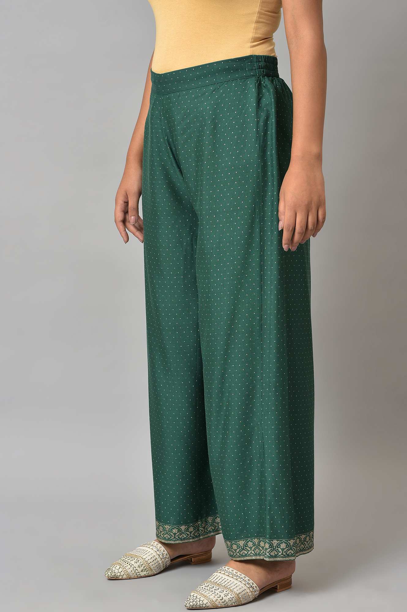 Green Glitter Printed Parallel Pants