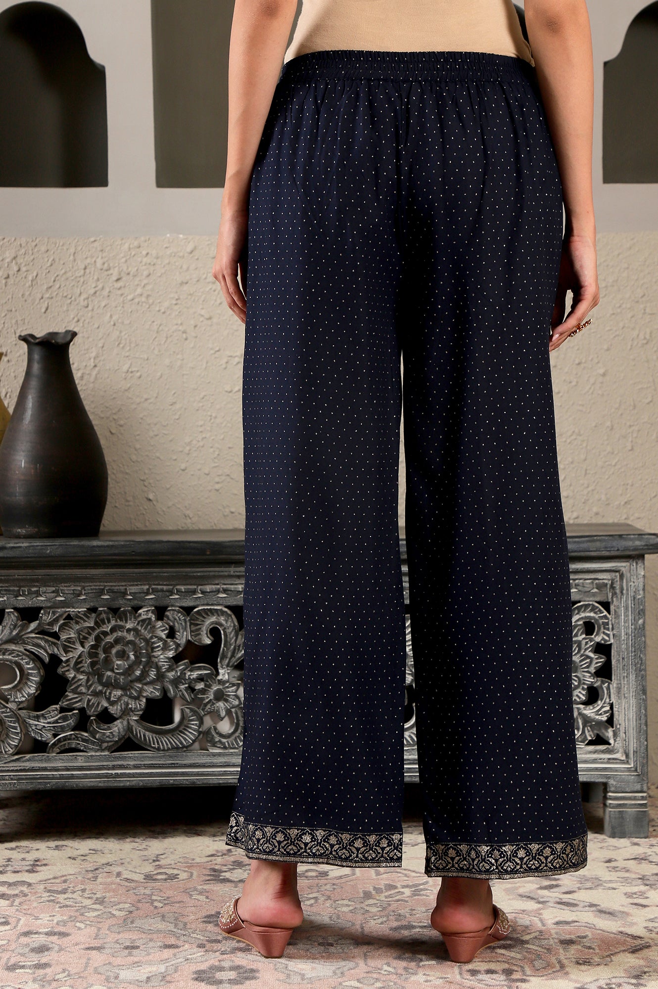 Navy Blue Glitter Printed Parallel Pants