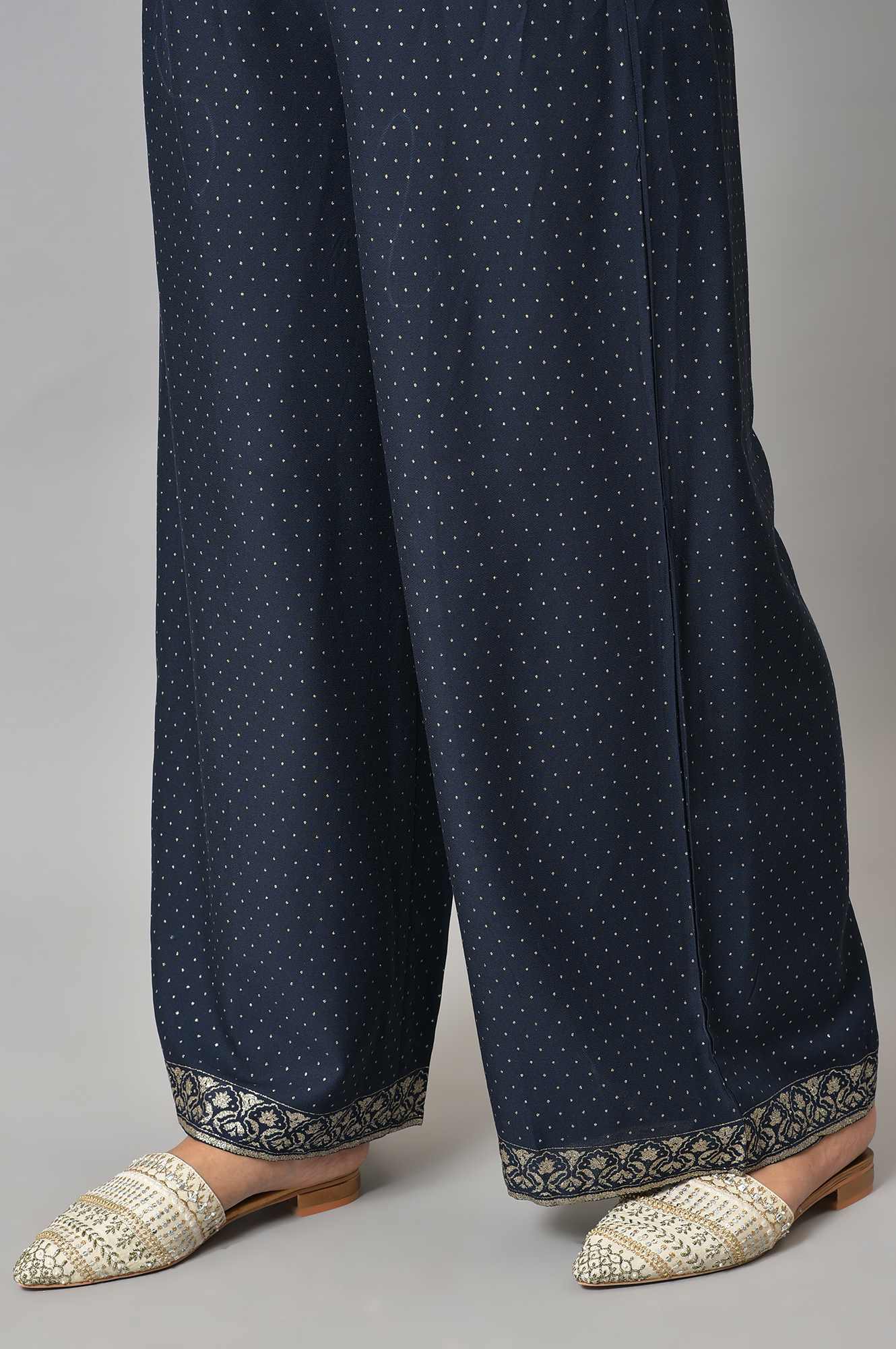 Navy Blue Glitter Printed Parallel Pants