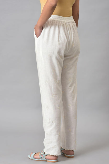 Ecru Straight Pants With Scalloped Hemline - wforwoman