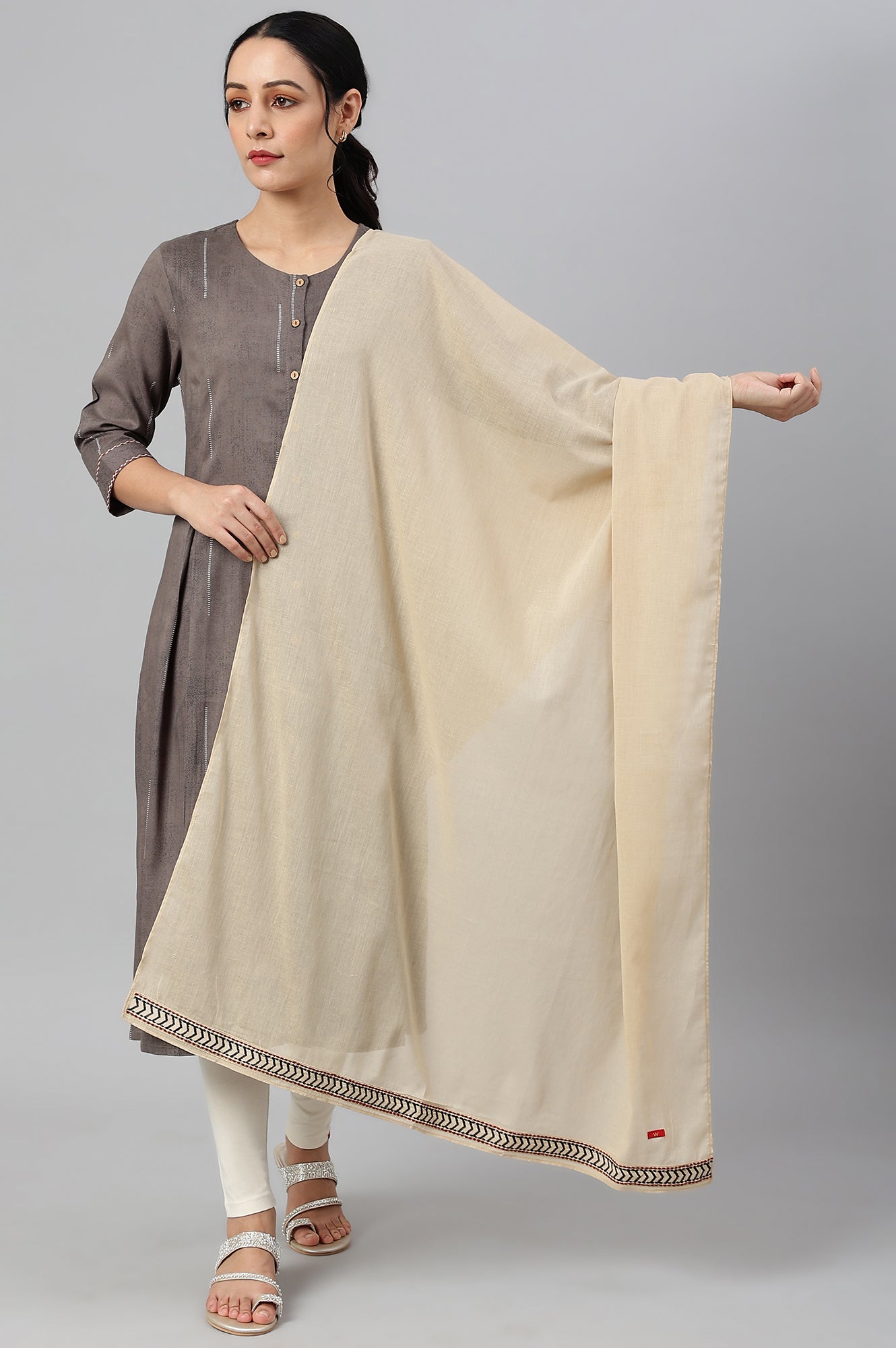 Beige Embroidered Cotton Voile Dupatta