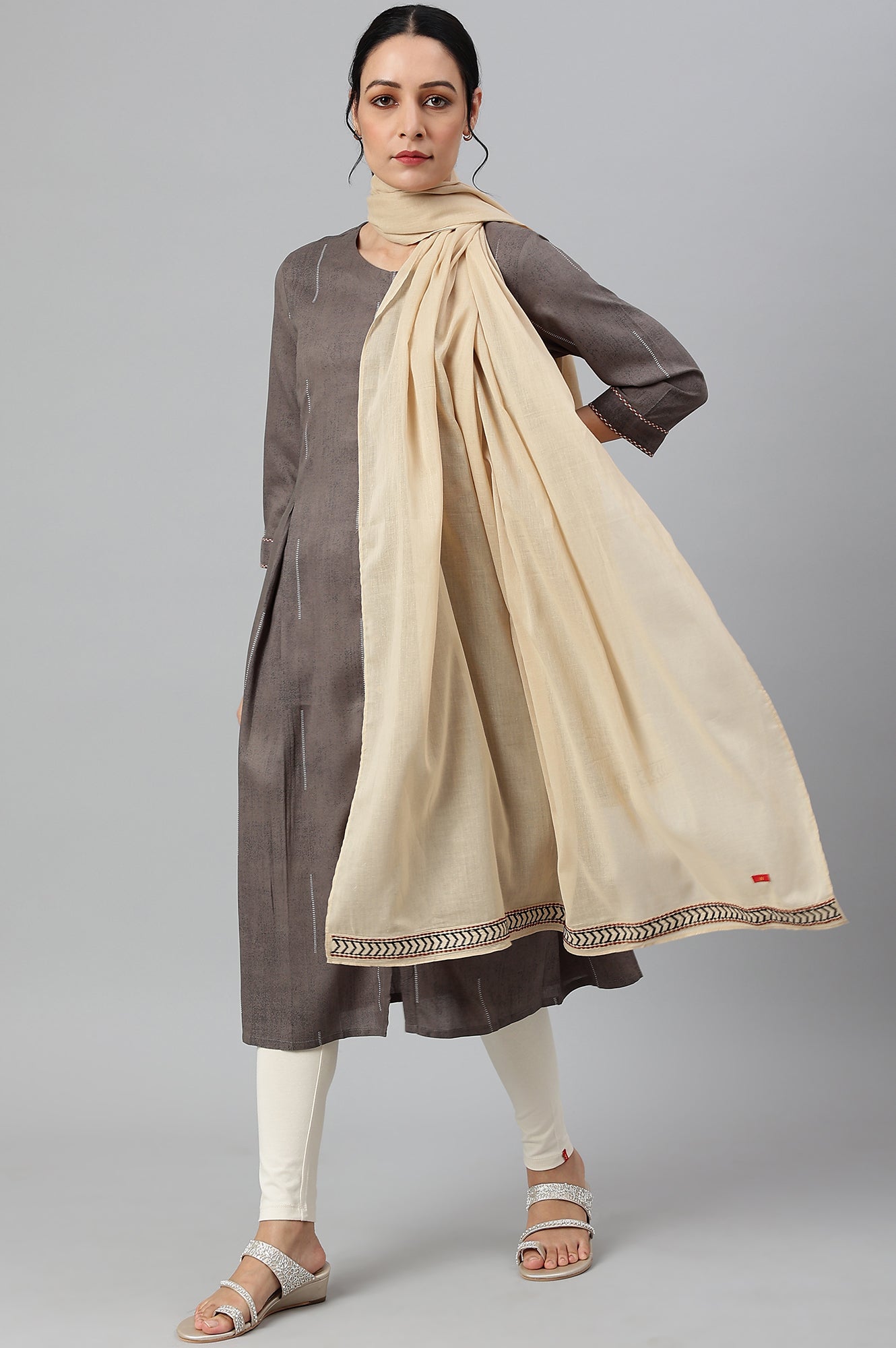 Beige Embroidered Cotton Voile Dupatta