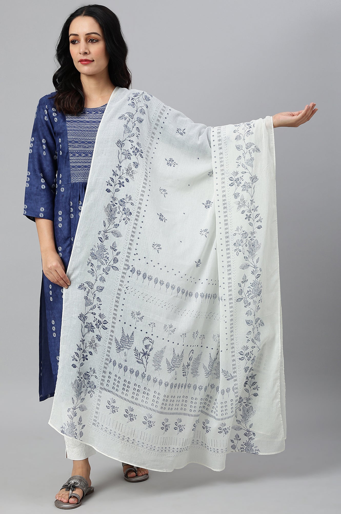 Ecru Voile Printed Dupatta