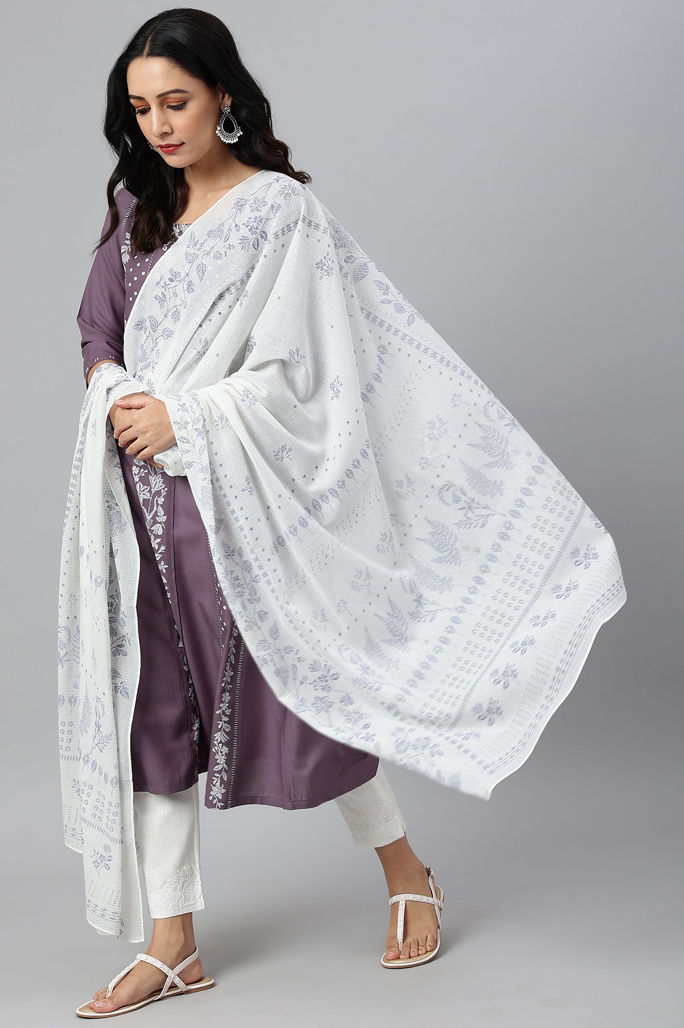 Ecru Voile Printed Dupatta