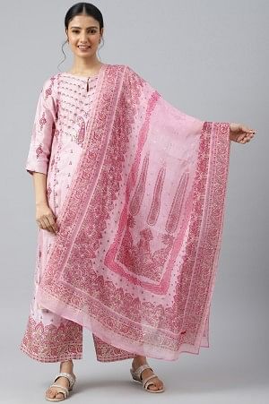 Pink Glitter Printed Shantung kurta With Parallel Pants And Dupatta