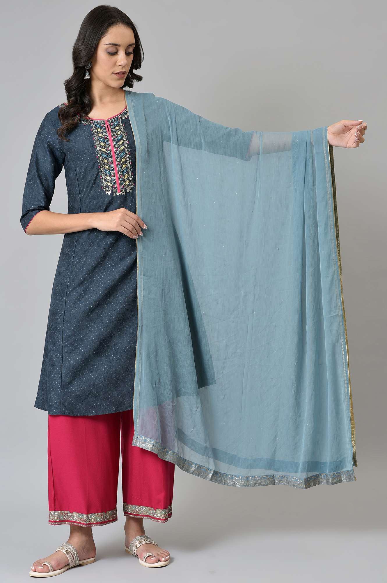 Sky Blue Crinckled Chiffon Dupatta With Mukaish