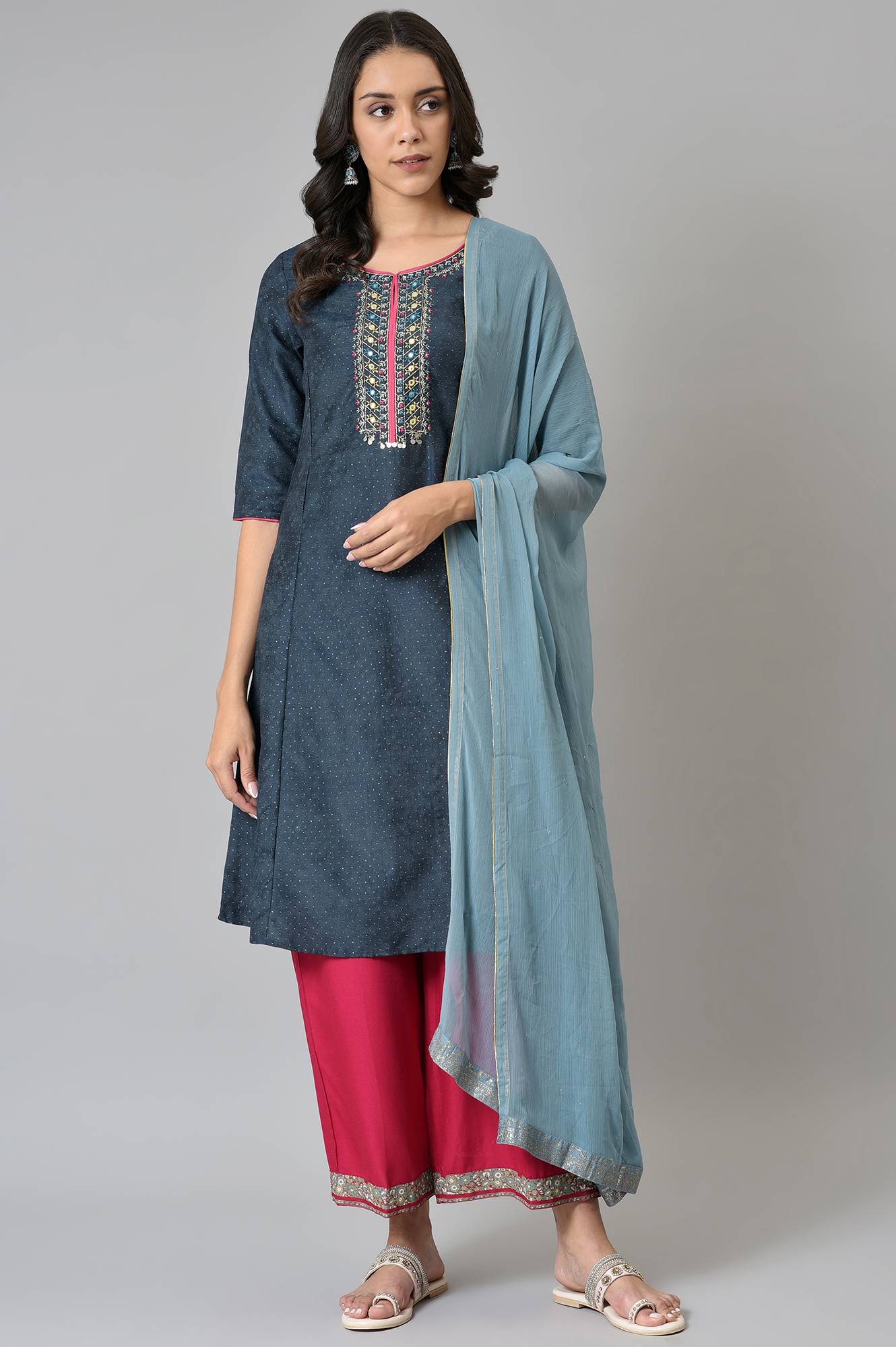 Sky Blue Crinckled Chiffon Dupatta With Mukaish