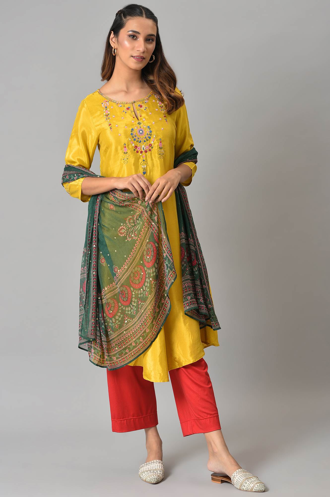 Green Floral Printed Chiffon Dupatta