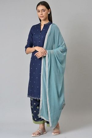 Blue Chiffon Dupatta With Printed Border