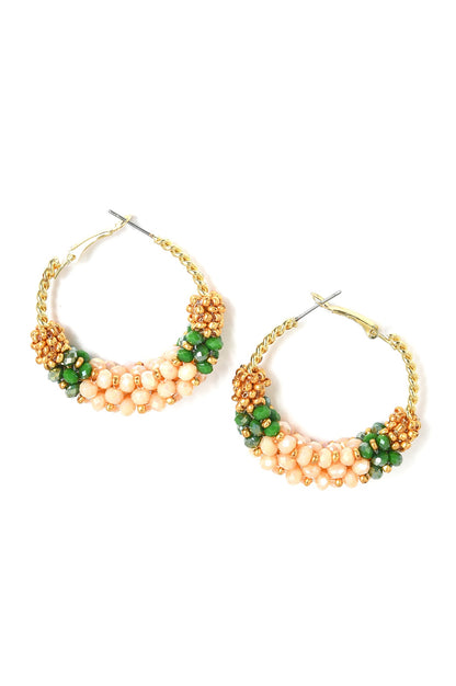 Beige And Green Handcrafted Hoop Earrings