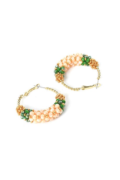 Beige And Green Handcrafted Hoop Earrings