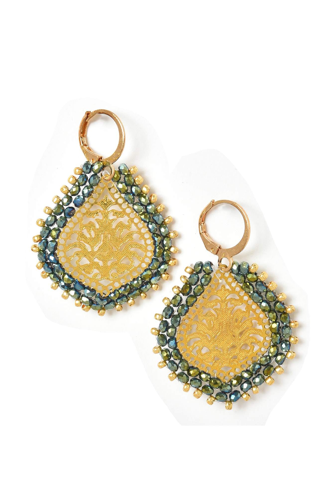 Golden Jaali Work Drop Earrings With Green Beads