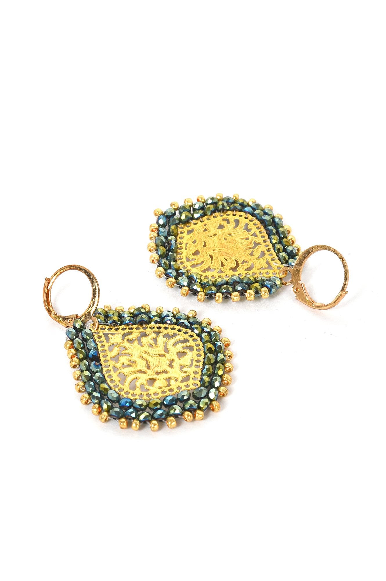 Golden Jaali Work Drop Earrings With Green Beads