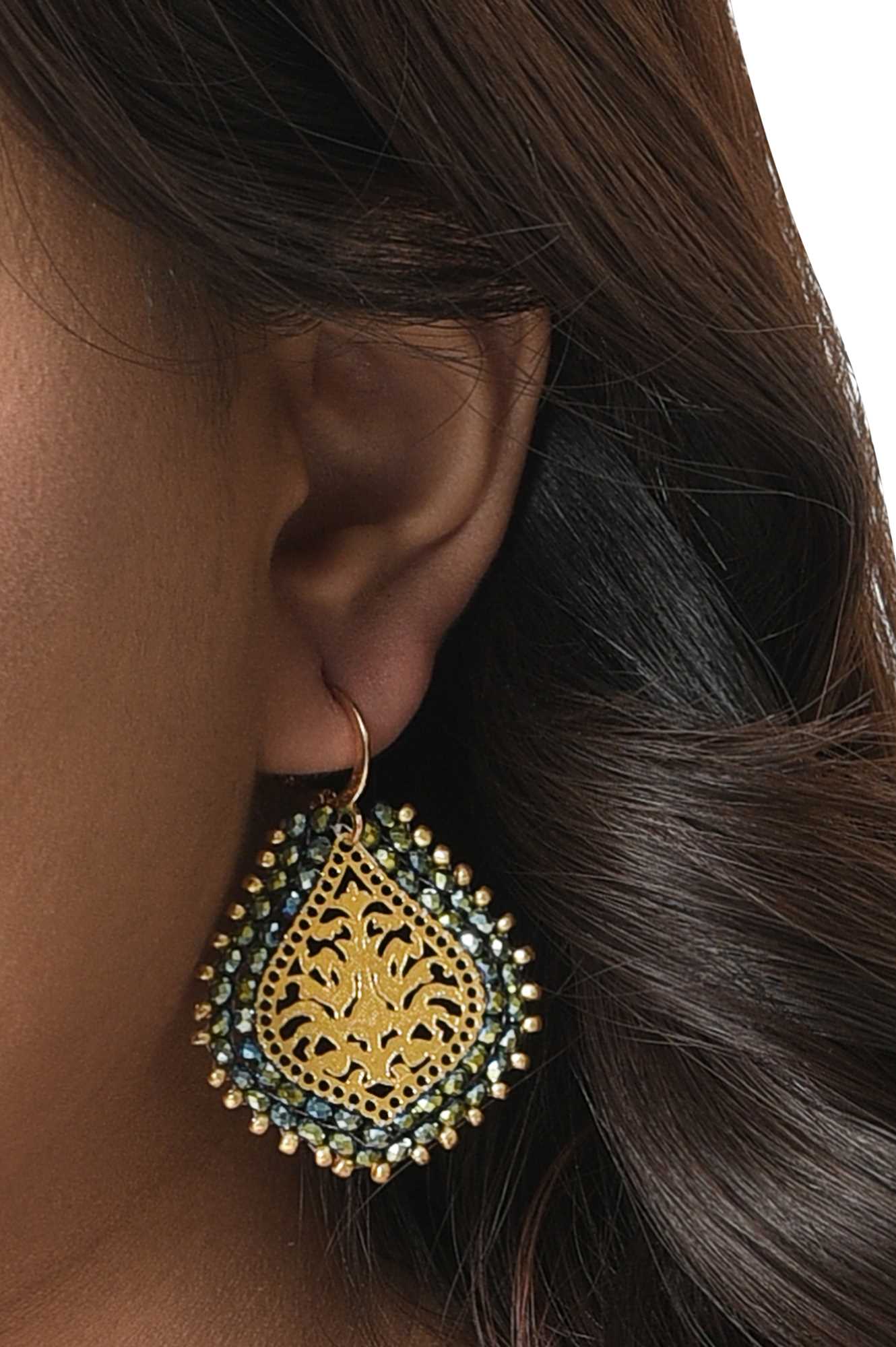 Golden Jaali Work Drop Earrings With Green Beads