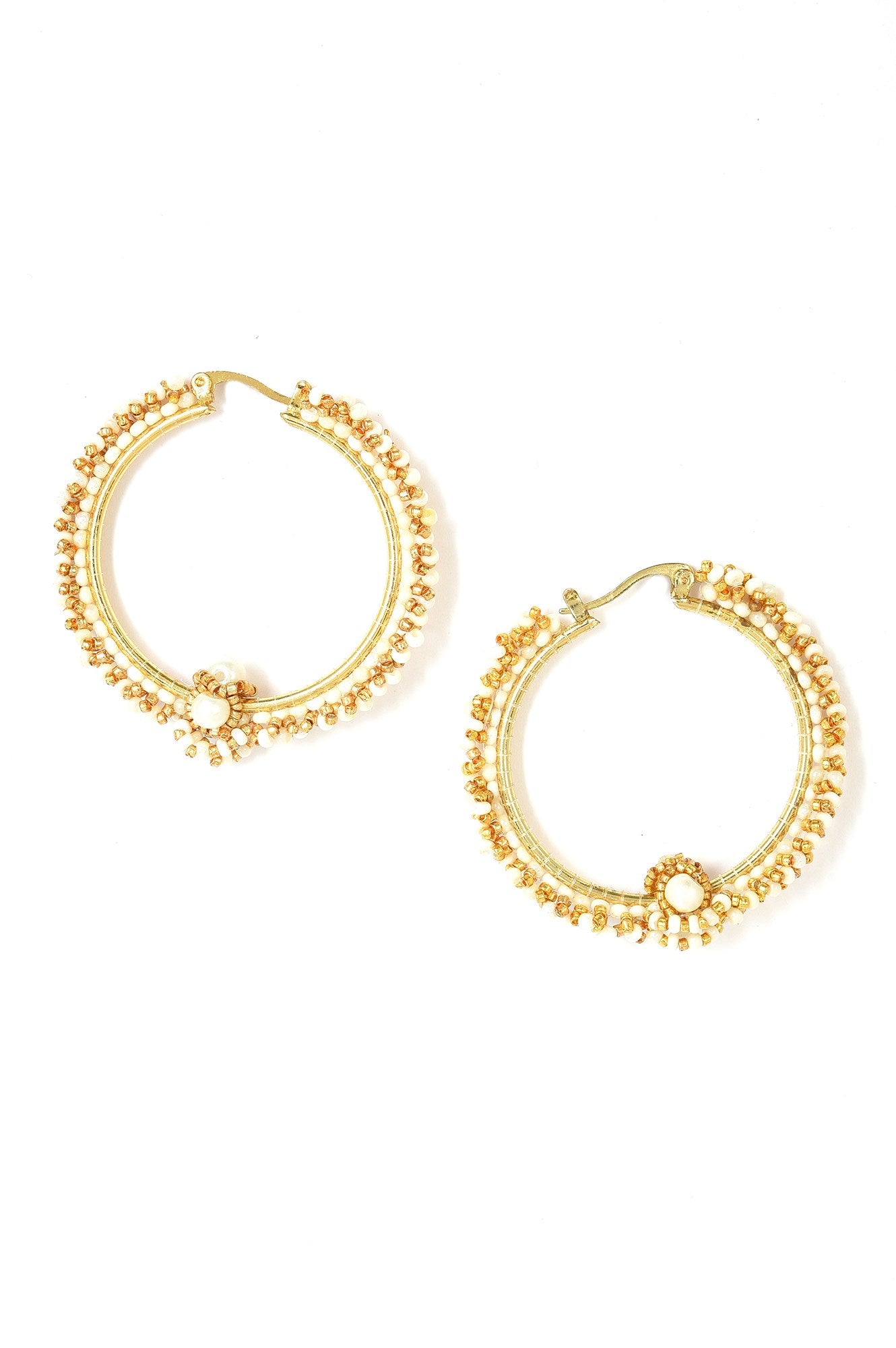 Beige And Gold Handcrafted Hoop Earrings