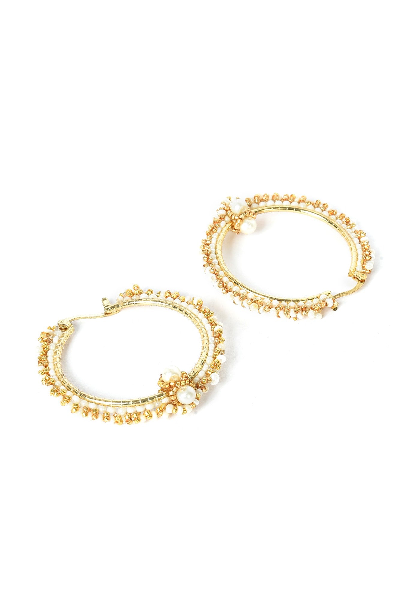 Beige And Gold Handcrafted Hoop Earrings