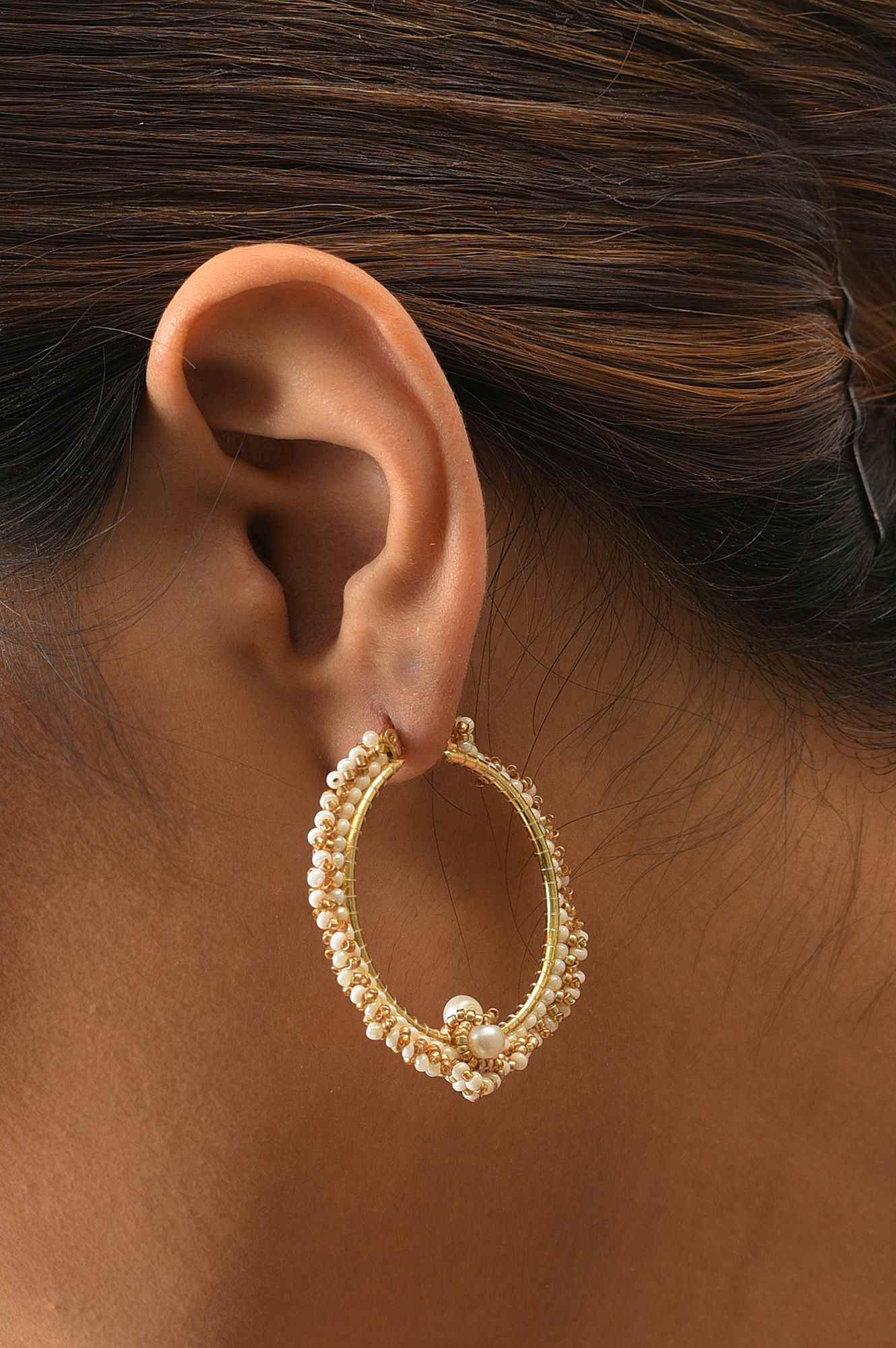 Beige And Gold Handcrafted Hoop Earrings