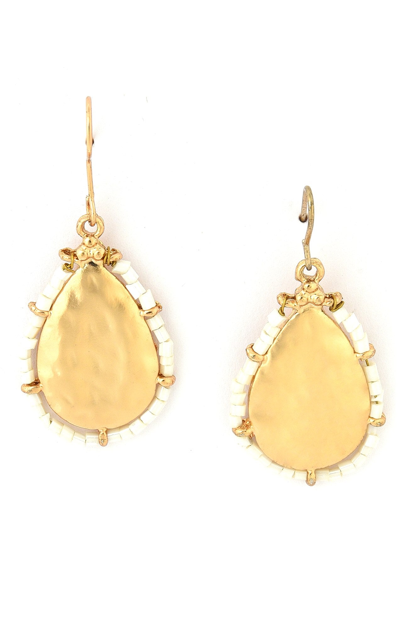 Golden Textured Drop Earrings With Peal Beads