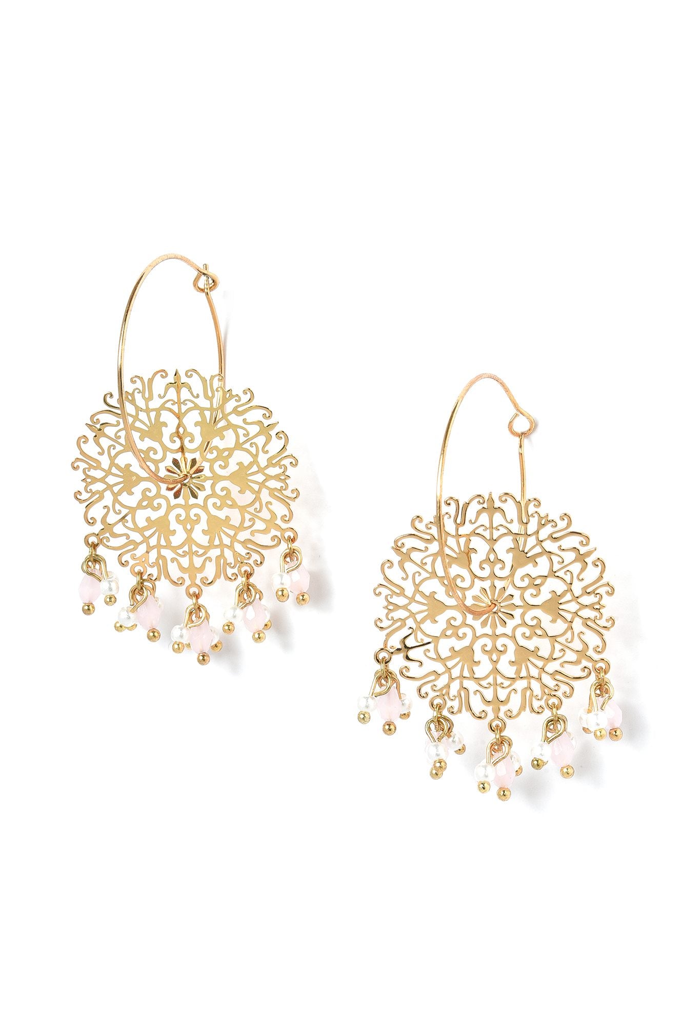 Gold Handcrafted Hoop Earrings In Jaali Work