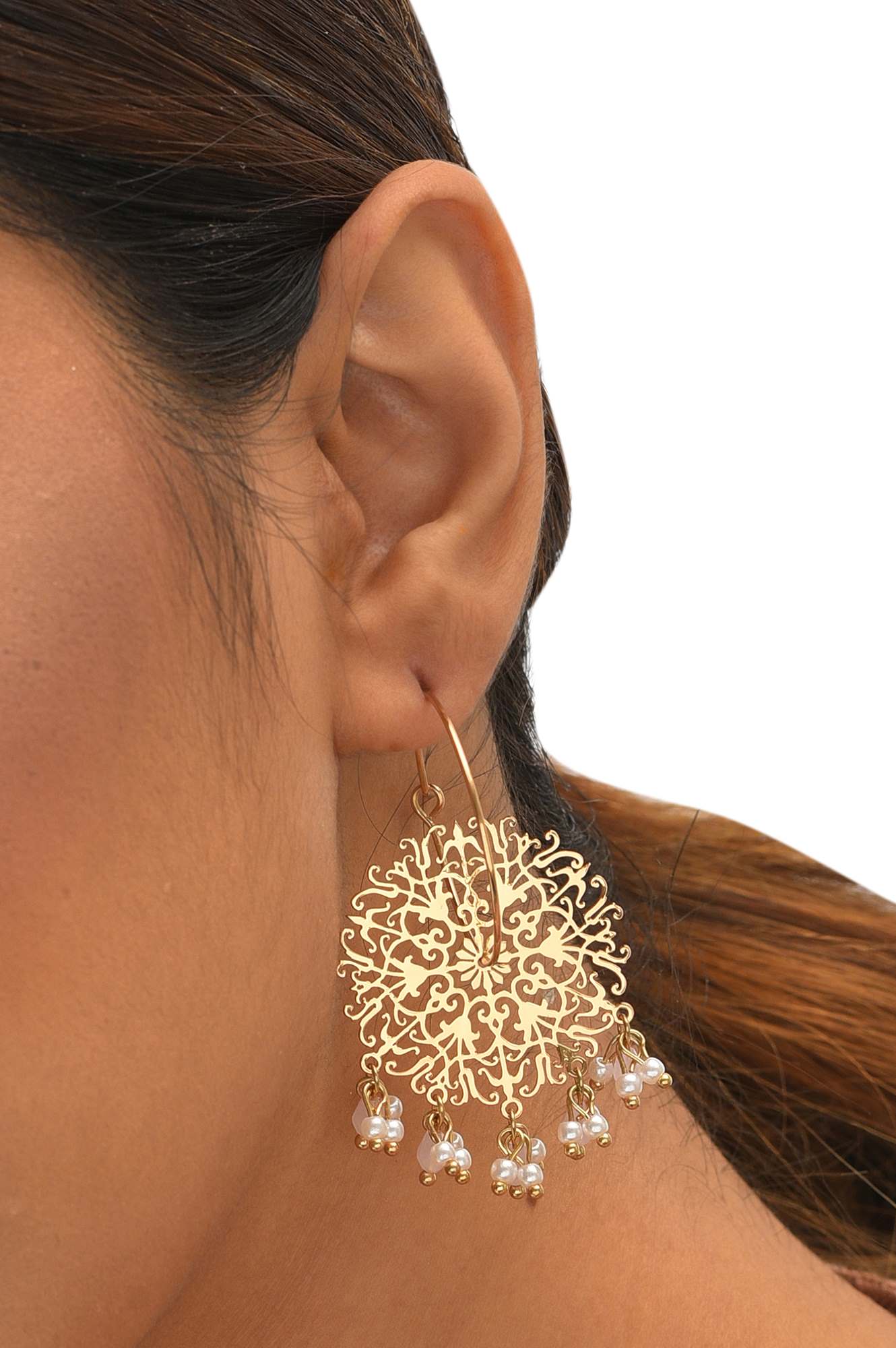 Gold Handcrafted Hoop Earrings In Jaali Work