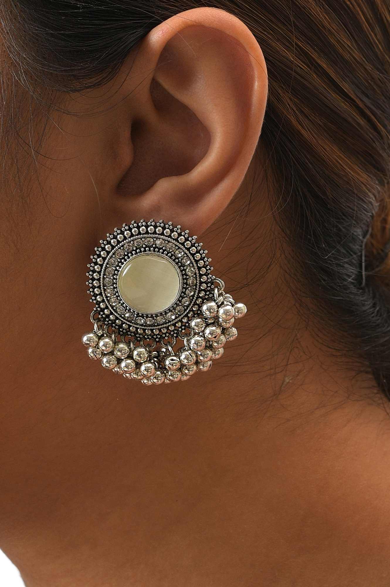 Grey Handcrafted Stud Earrings With Ghungroos