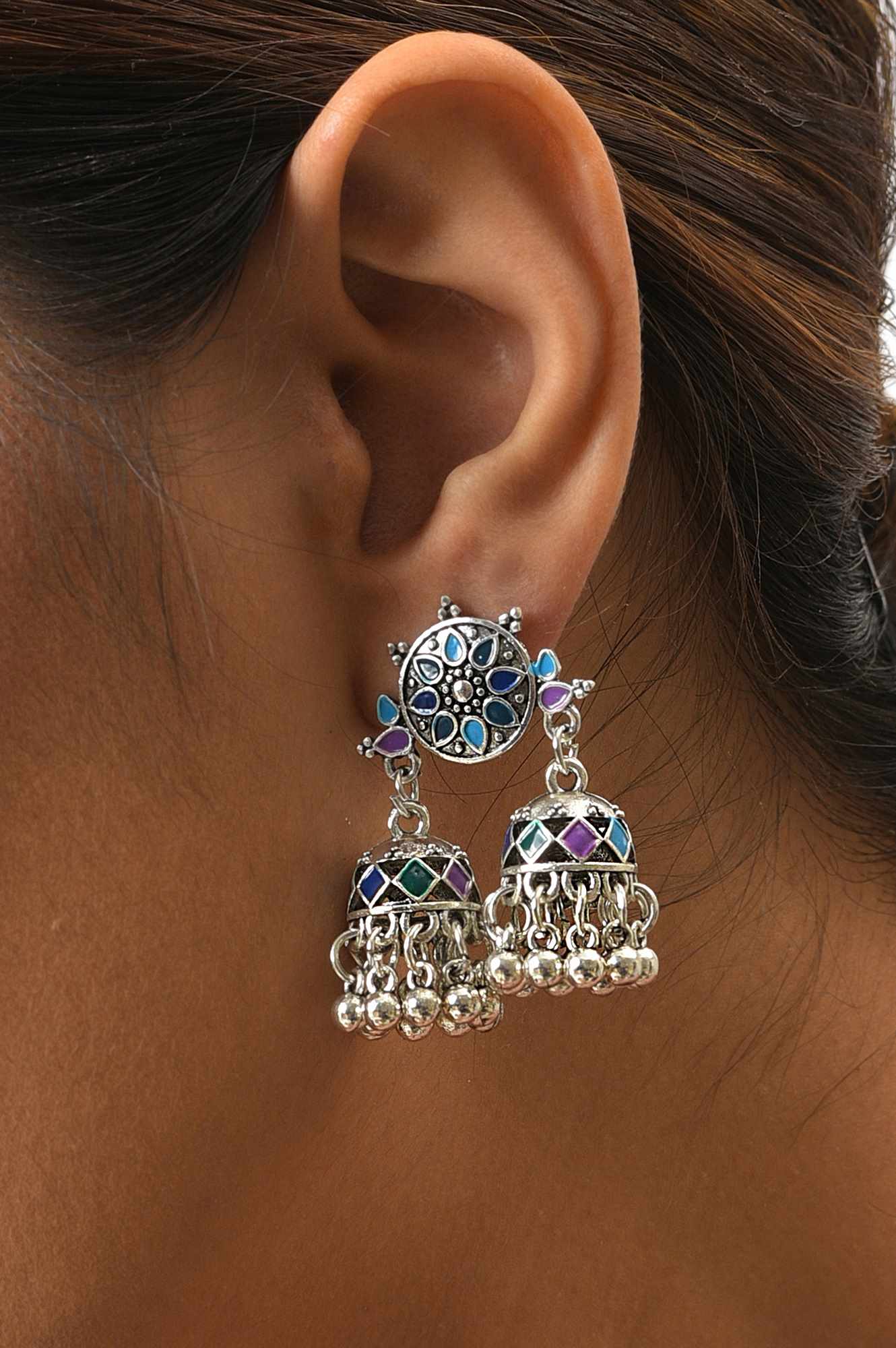 Blue Enamelled Ethnic Jhumkas